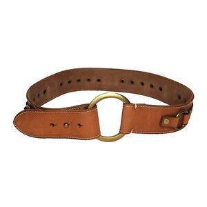Lucky Brand Wide Leather Waist Belt 30" Brass Rivets Rings Brown Boho Western